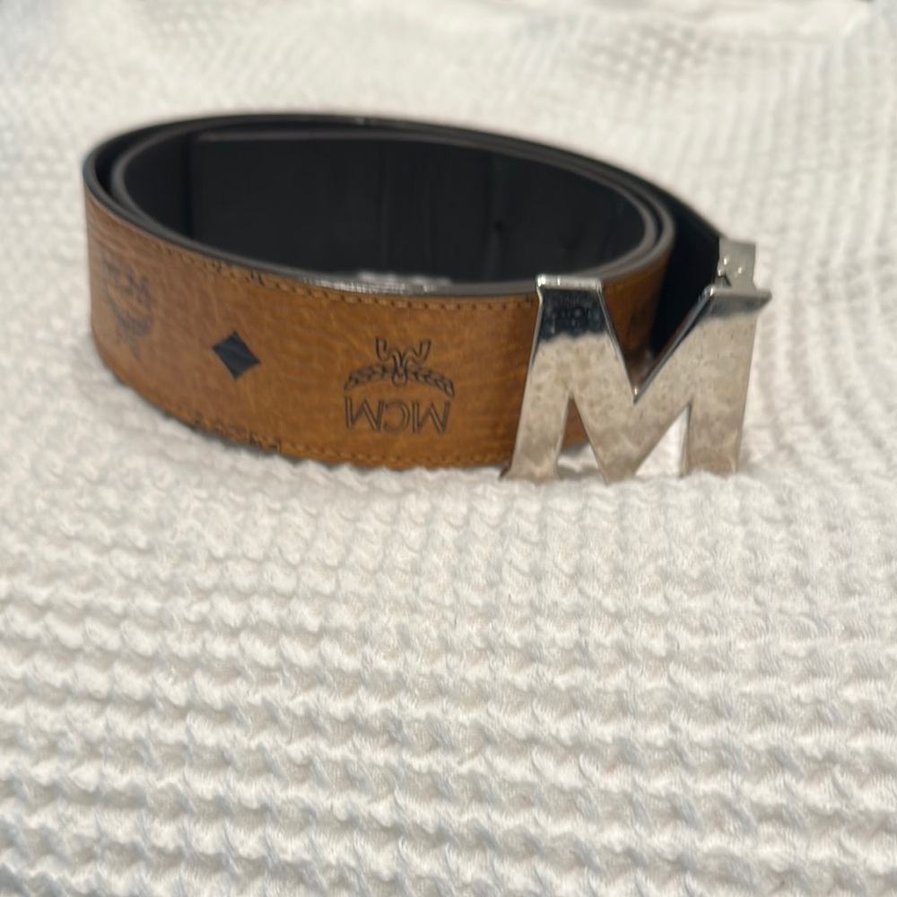 Reversible MCM Men's Tan Leather Belt with Silver Buckle